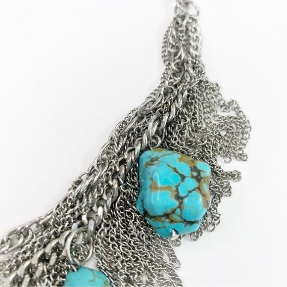 Silver Tone Turquoise Chunky Fringe Boho Necklace - Picture 6 of 11
